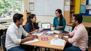 Top English Coaching Classes Bangalore 2026 Students learning communication skills in English coaching classes Bangalore with an instructor-led group discussion.