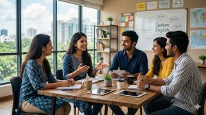 Students participating in a group discussion during spoken English training Bangalore classroom session.